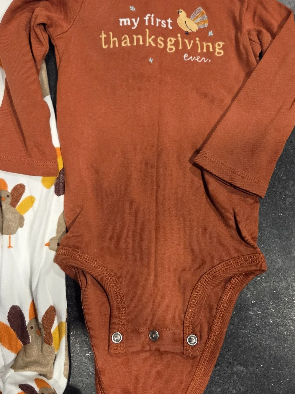 My First Thanksgiving Orange Baby Bodysuit & Turkey Print One-Piece Set.